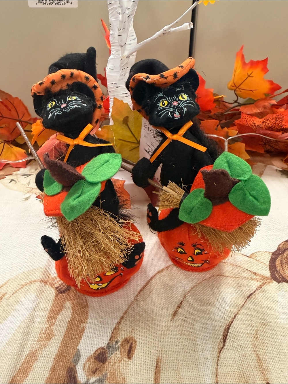 Annalee Black Cat Pumpkin Plush Pair in Orange & Green